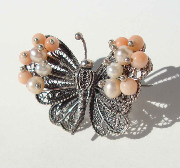 50s Butterfly Brooch Sterling & Coral