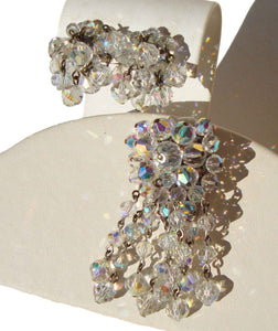 Vintage Crystal Beaded Fringe Brooch & Earrings Demi Parure Cocktail Set
