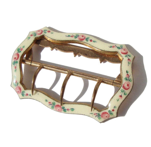 Antique Edwardian Enamel Belt Buckle w/ Painted Rose Buds