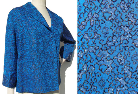 Vintage 50s Topper Blue Silver Brocade Asian Swing Jacket