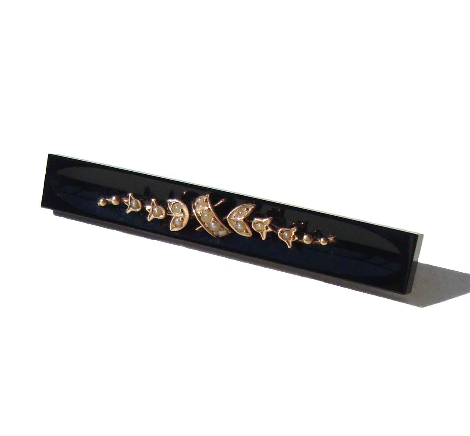 Victorian Jet Bar Brooch Gold Fill Seed Pearls Mourning Memento Mori Pin