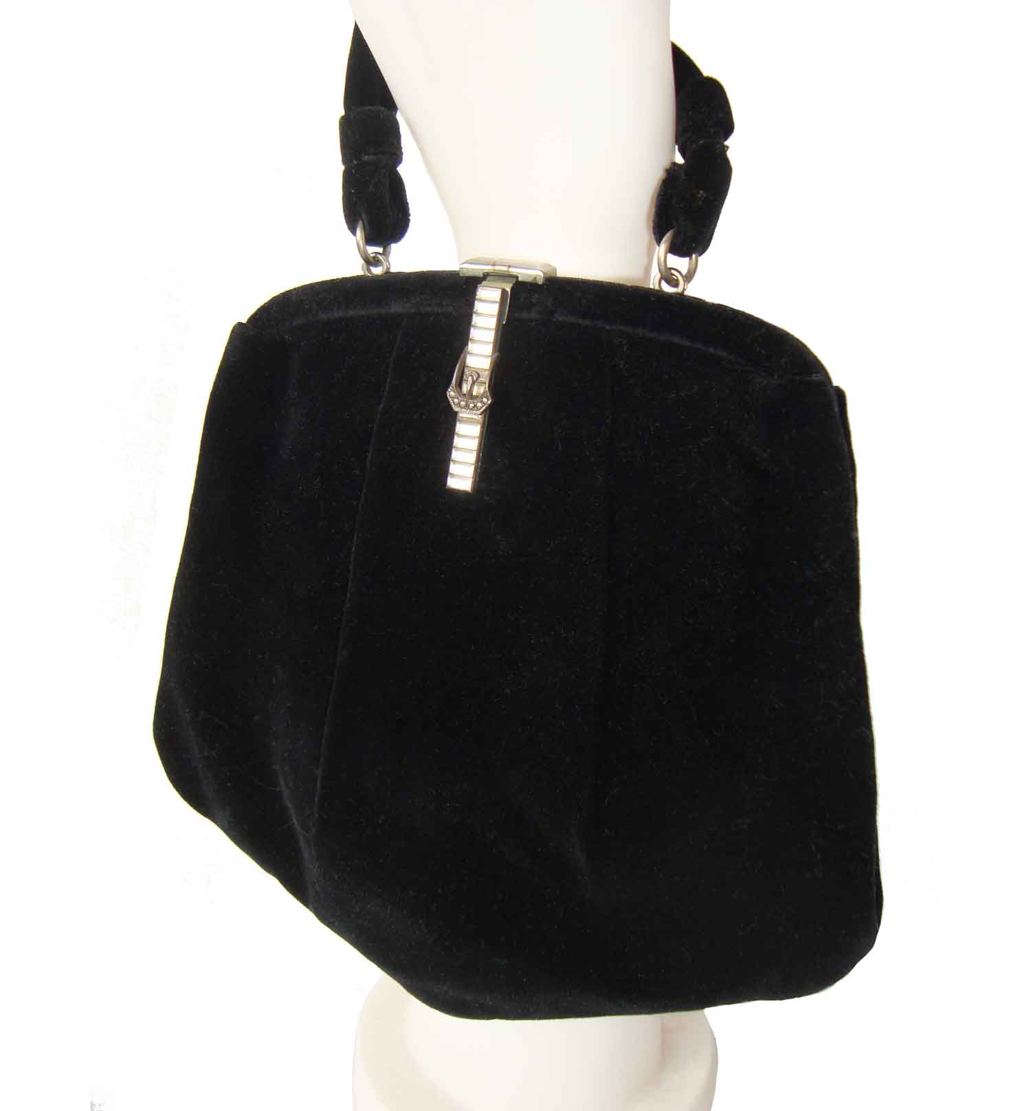 Vintage 30s Black Velvet Cocktail Bag & Coin Purse with Rhinestone Novelty Clasp