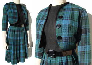 Vintage 60s Plaid Dress Suit 2-Piece Blue & Green Tartan M