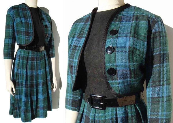 Vintage 60s Plaid Dress Suit 2-Piece Blue & Green Tartan M