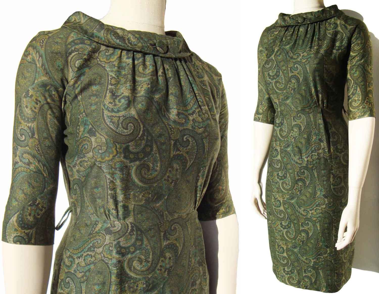 Vintage 60s Olive Green Paisley Sheath Dress