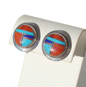 Vintage Zuni Earrings Sterling Turquoise Spondylus Mosaic Clip Backs