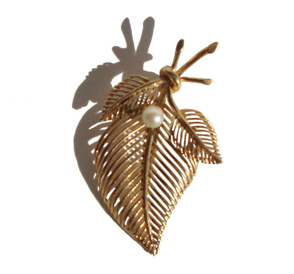 14K Gold & Pearl Leaf Brooch