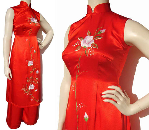 Vintage Red Silk Ao Dai Vietnamese Dress & Trousers Set S XS