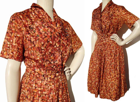 Vintage 50s Meg Marlowe Dress Modernist Print & Rhinestone Buttons L  Edit alt text