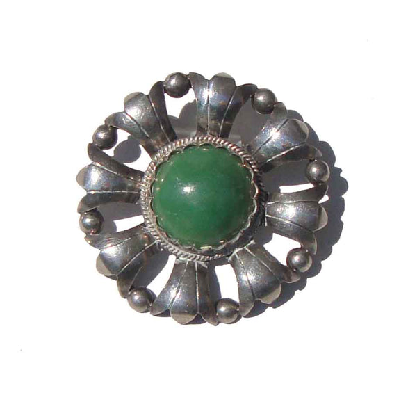 Vintage 40s Mexican Modernist Brooch Silver & Faux Jade Pin