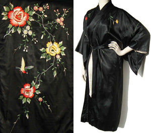 Vintage 40s Kimono Robe Embroidered Black Satin Flowers & Bird M / L