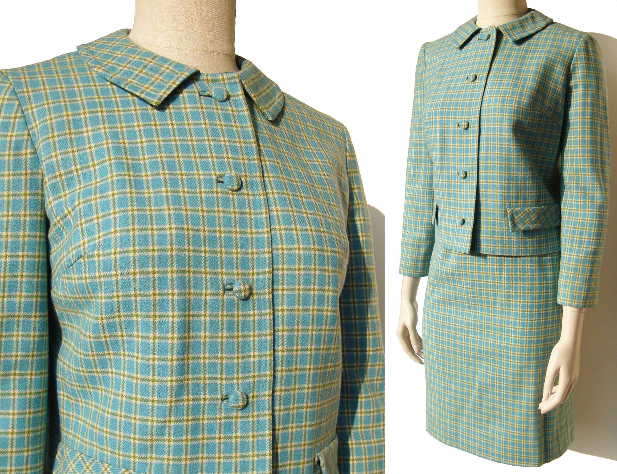 Vintage 60s Pendleton Ladies Suit Turquoise Plaid Jacket & Skirt